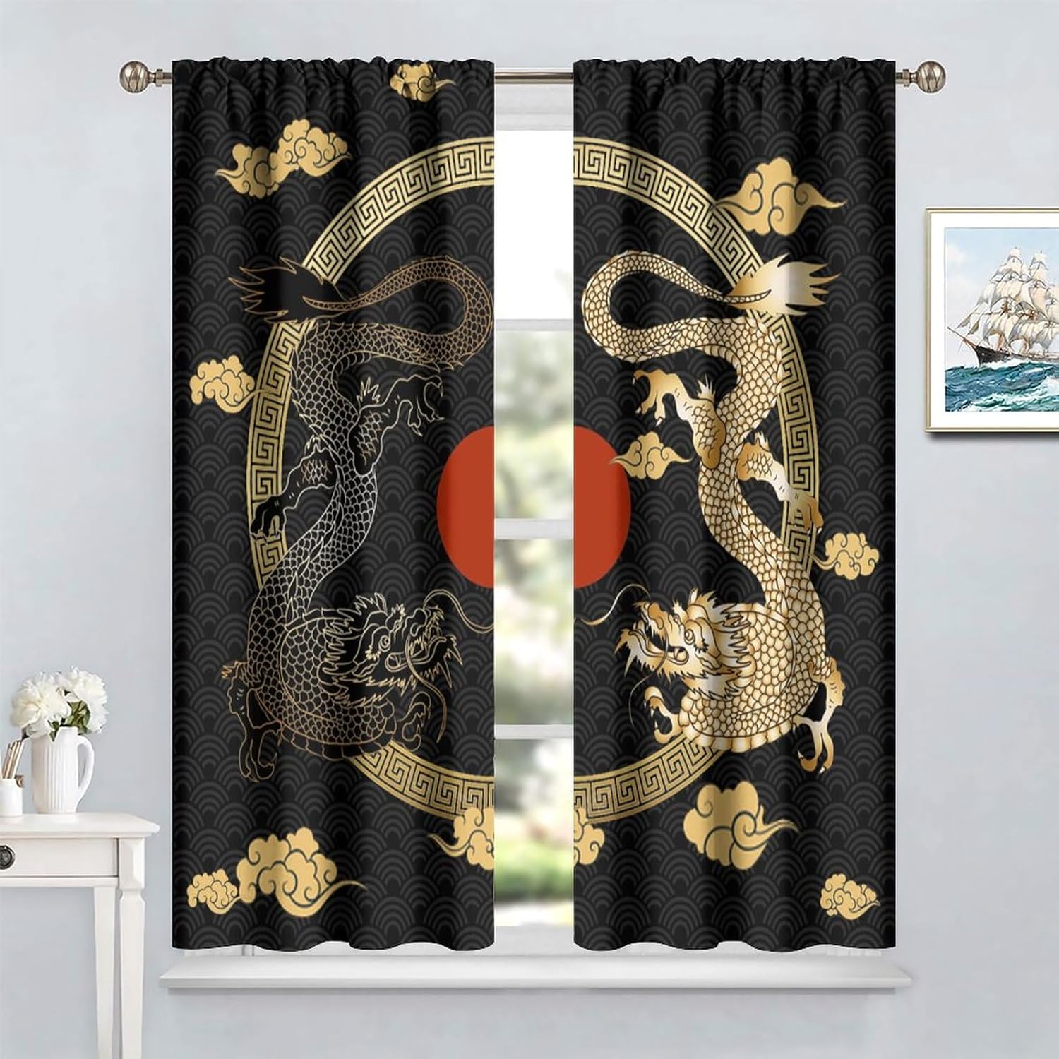 Asian Dragon Window Curtains Blackout Drapes 42x45in