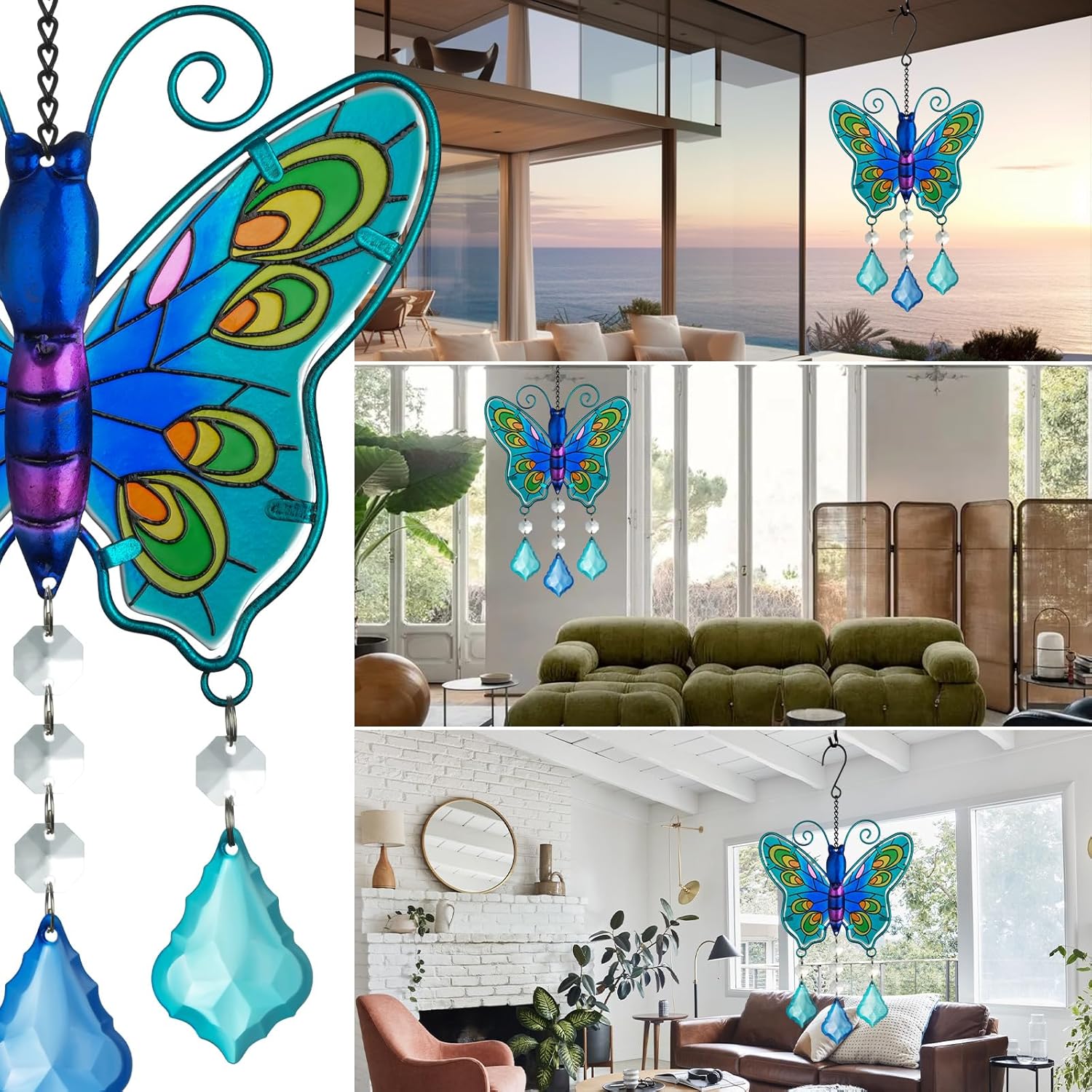 Butterfly Stained Glass Suncatcher with Chain Blue Decor