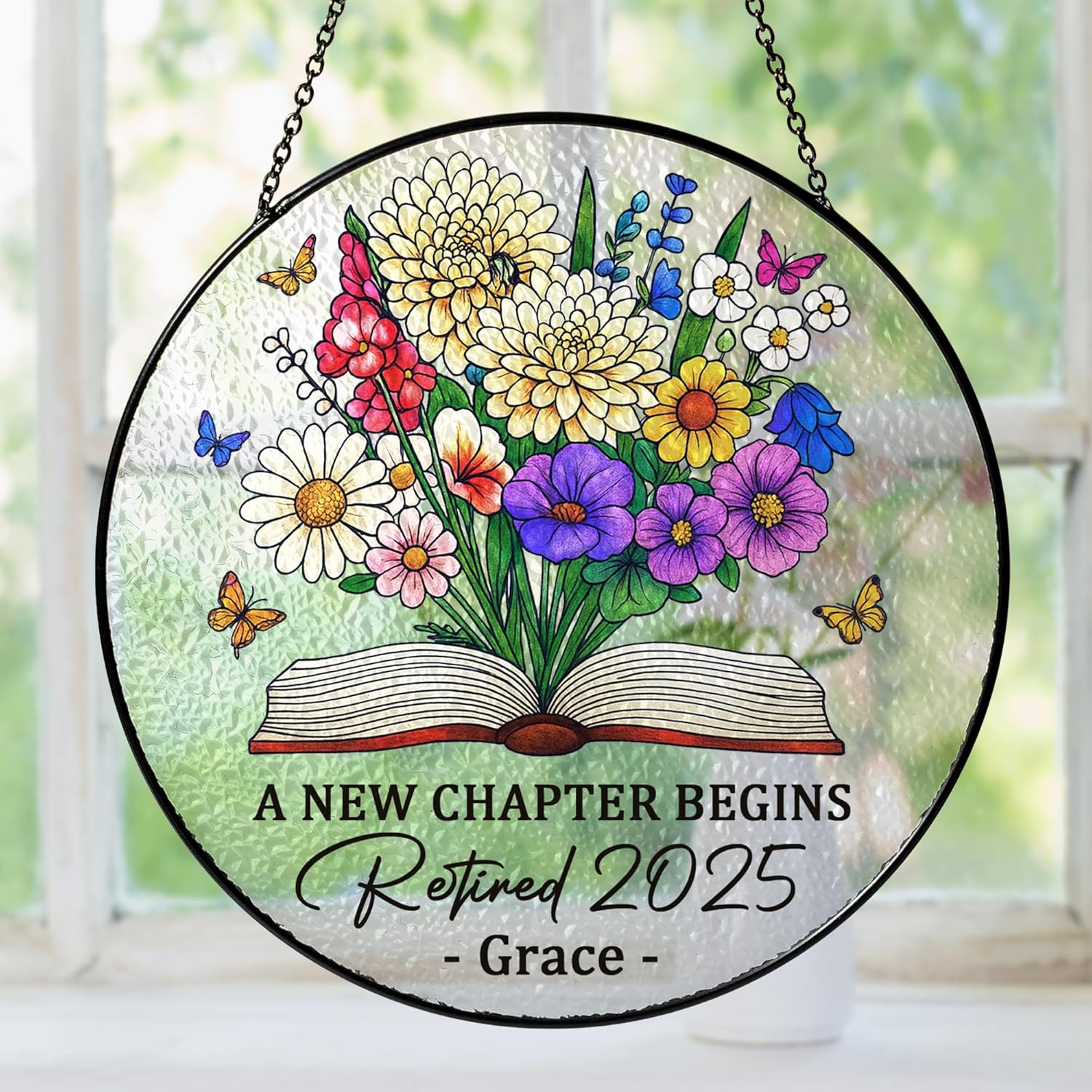 Personalized Retirement Stained Glass Suncatcher - Custom Name Floral Decor