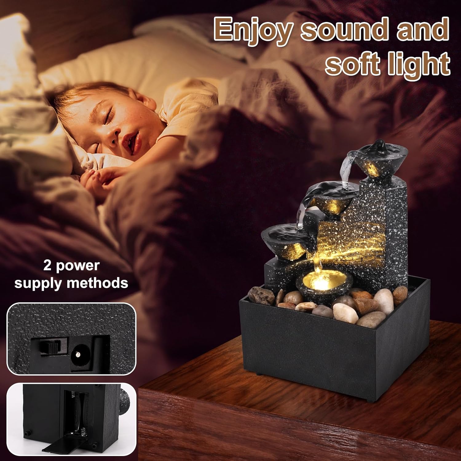 Tabletop Waterfall Decor with Soft Lights and Flowing Water