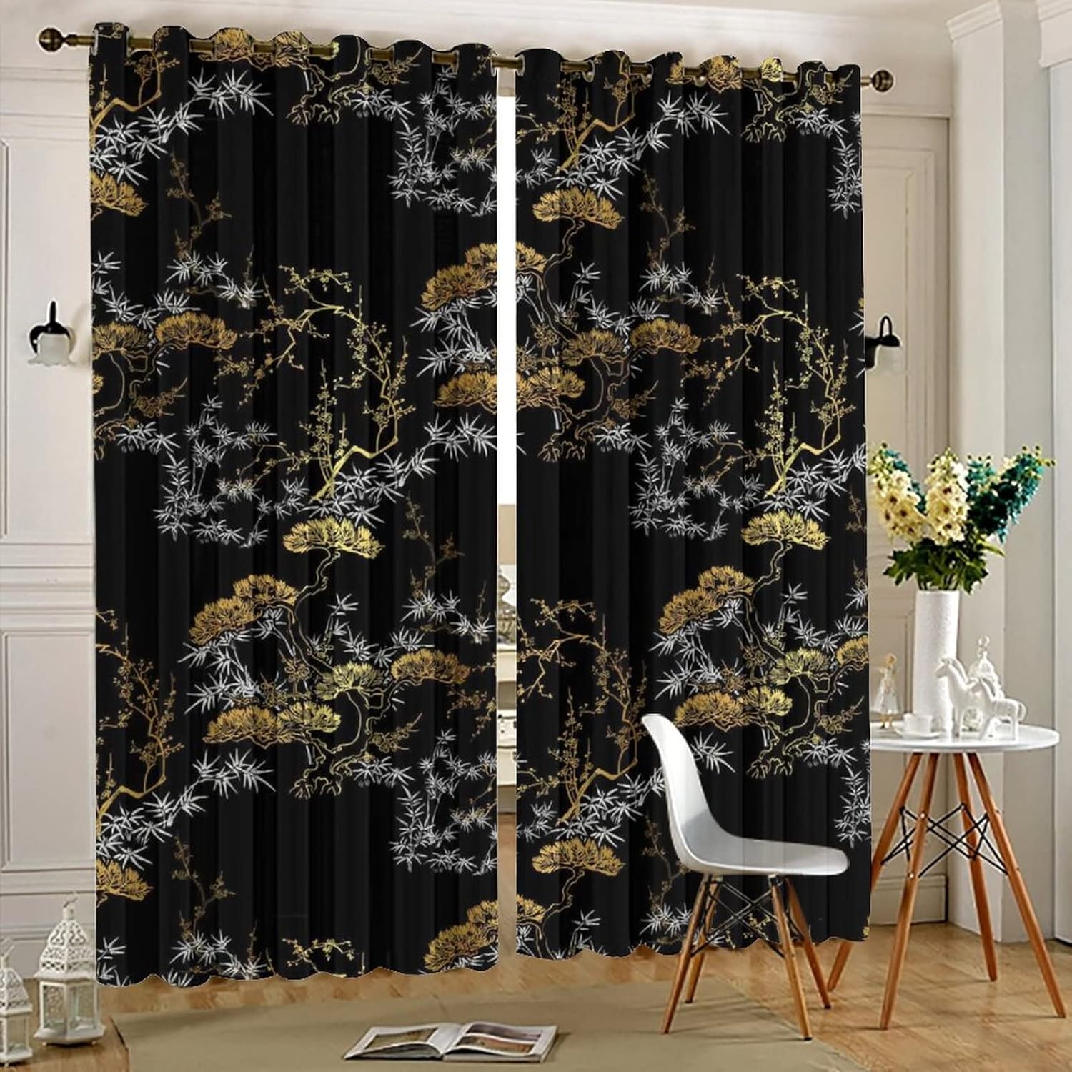 Cool Japanese Curtains Black Gold Pine Pattern Grommet Blackout Curtains 55x63in