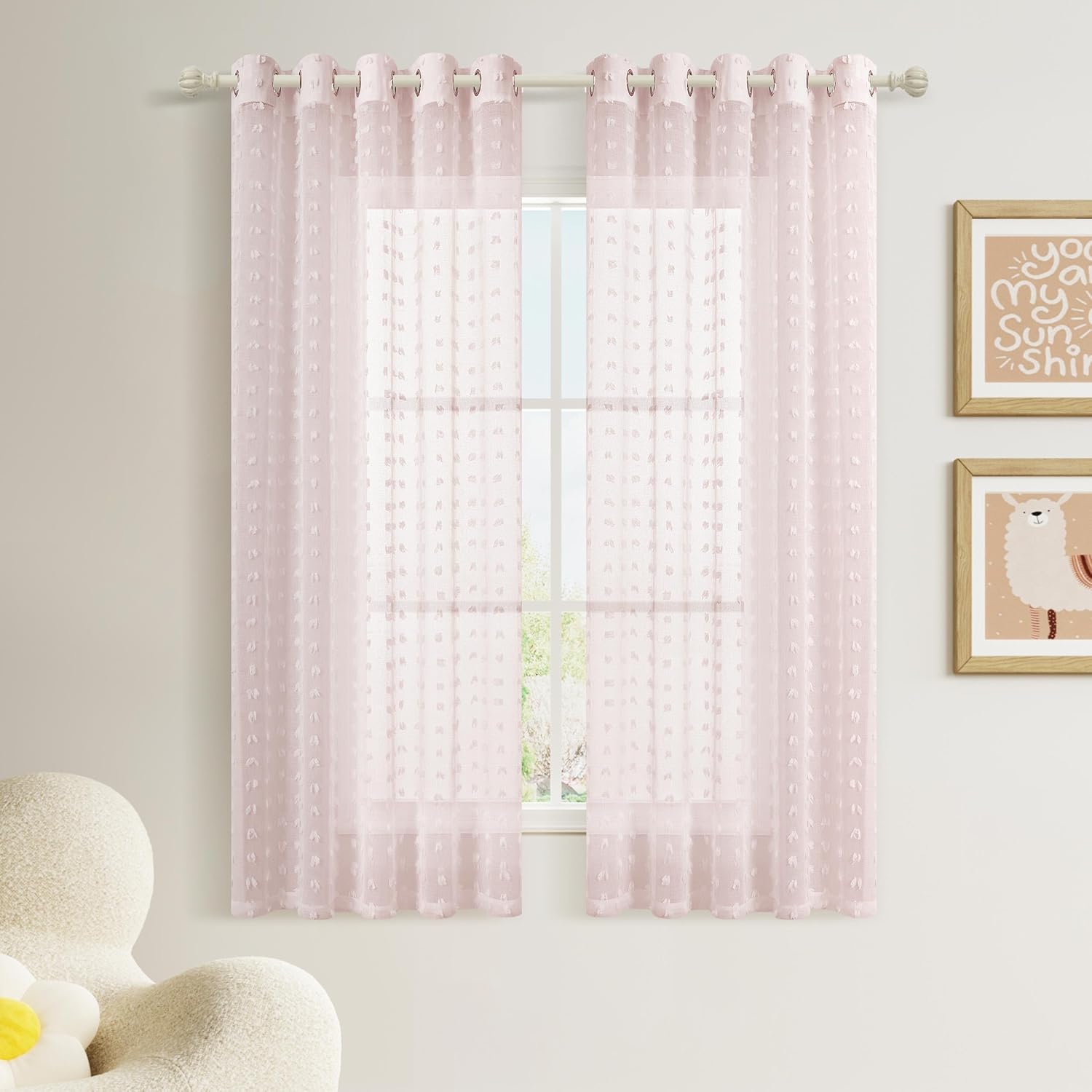 Guken Pink Grommet Pom Pom Sheer Curtains 54 Inch 2 Panels