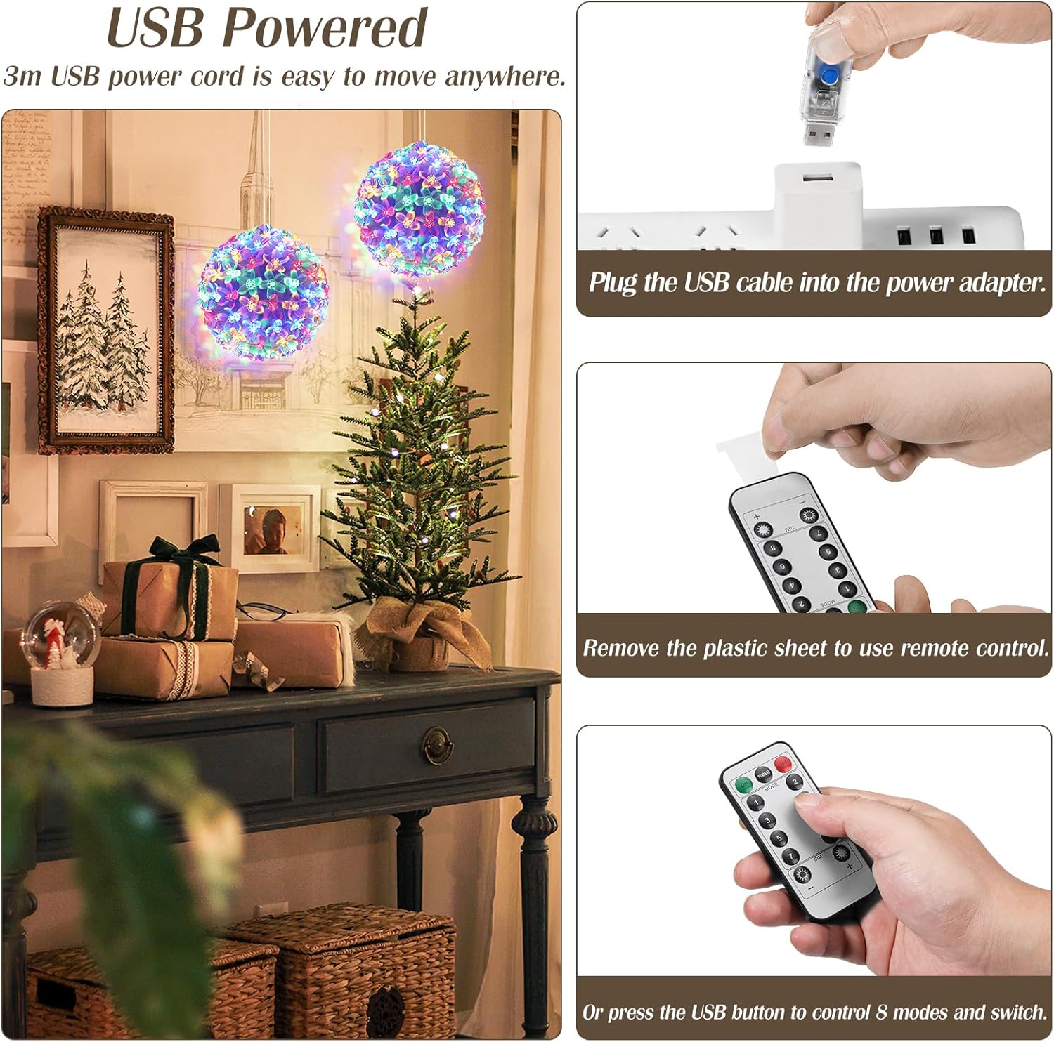 2 Pack USB Cherry Blossom Sphere Lights with Timer