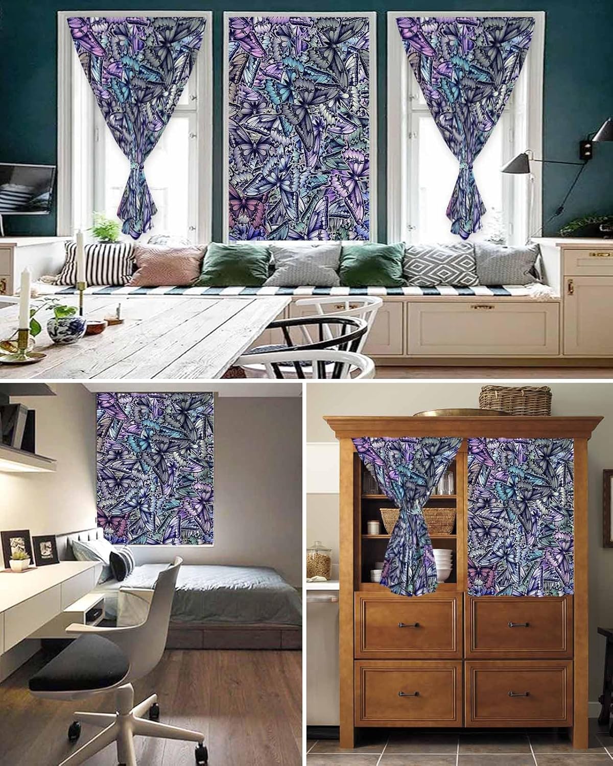 Purple Blue Teal Butterfly Self Adhesive Curtains for Windows
