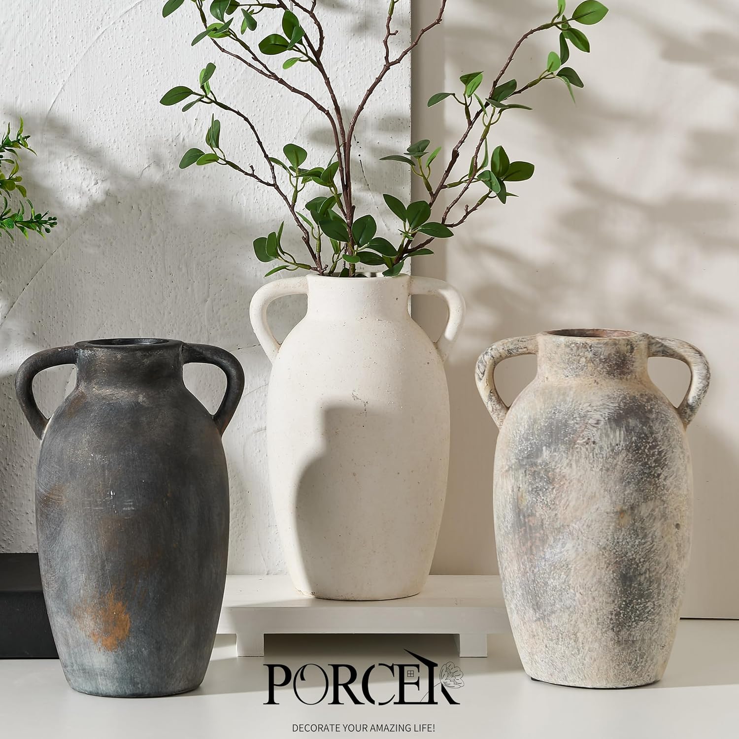 PORCER 984 Inch Ceramic Terracotta Vase with Handles - Gray
