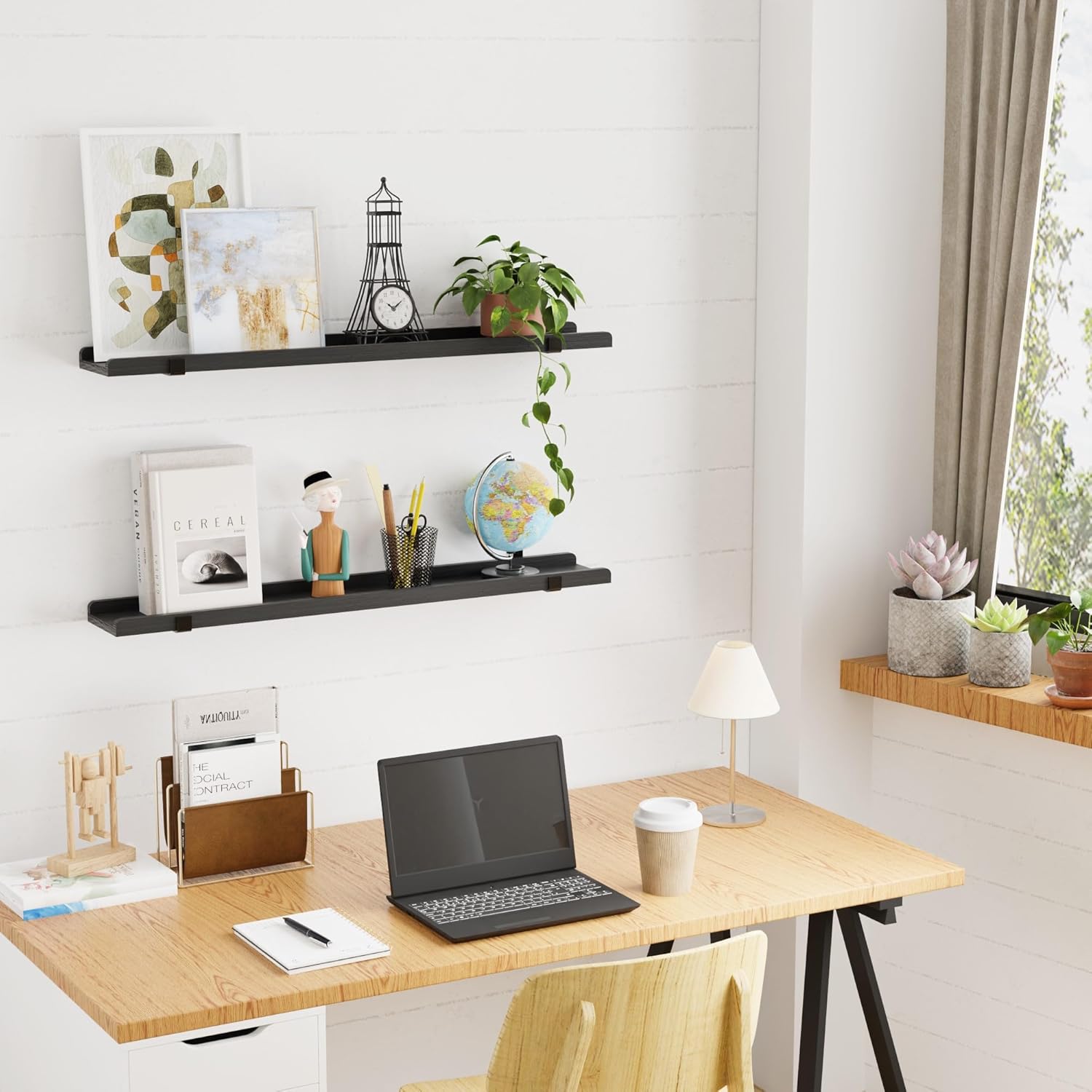 Ecowillon 40 Inch Black Floating Shelves with Lip Set of 2