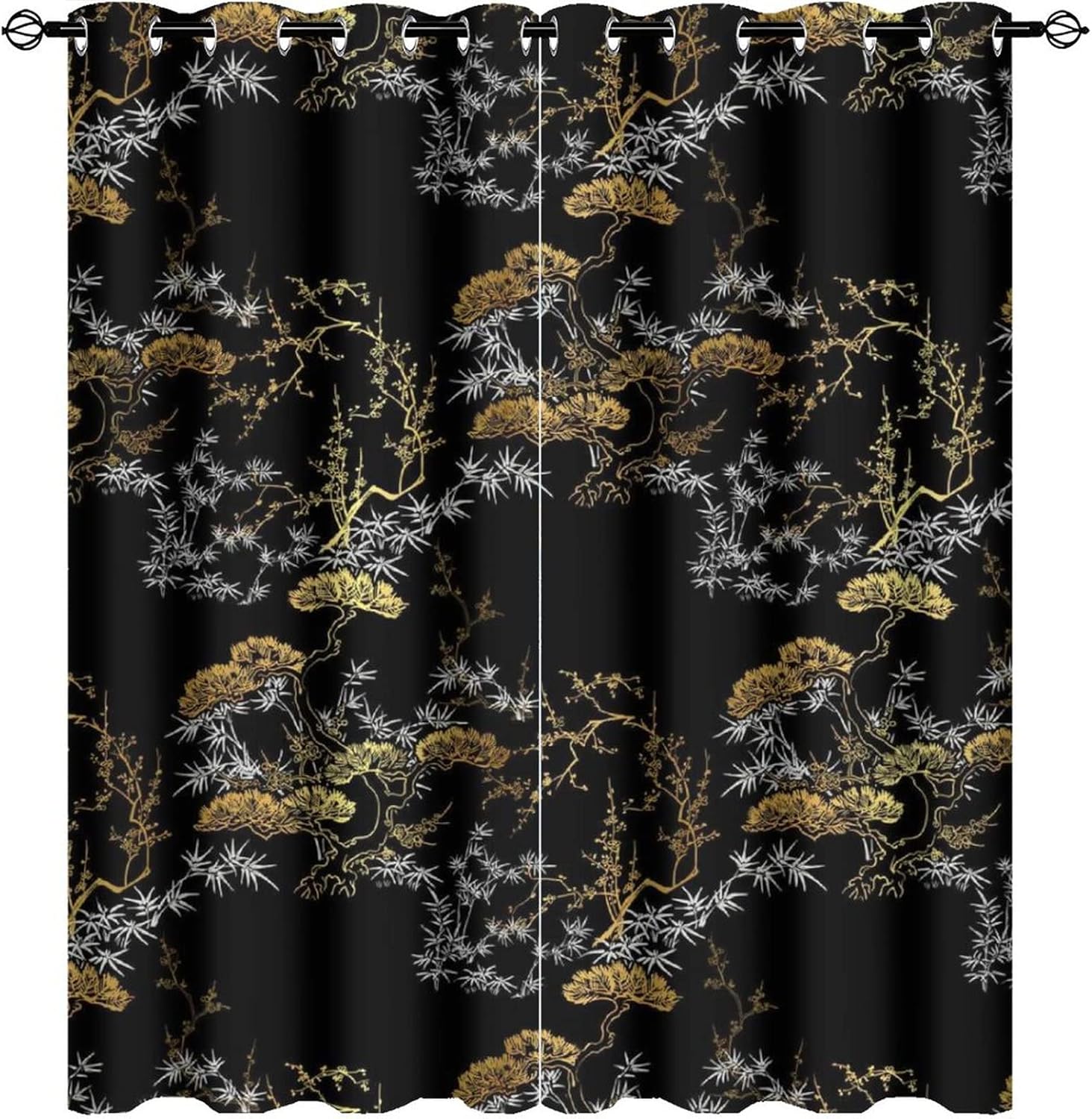 Cool Japanese Curtains Black Gold Pine Pattern Grommet Blackout Curtains 55x63in