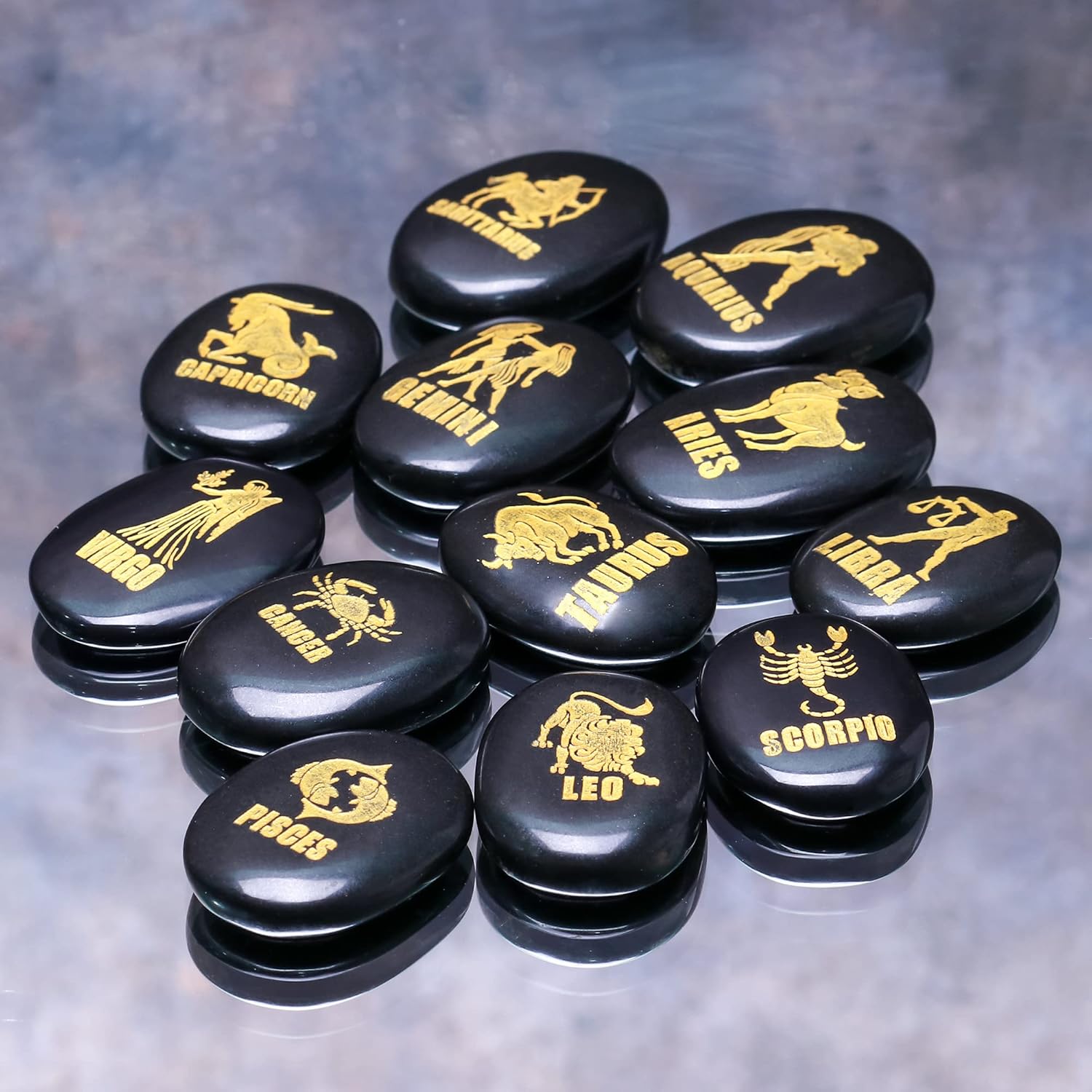 ZAICUS Black Agate Zodiac Symbols Stones Set of 12 for Reiki Healing