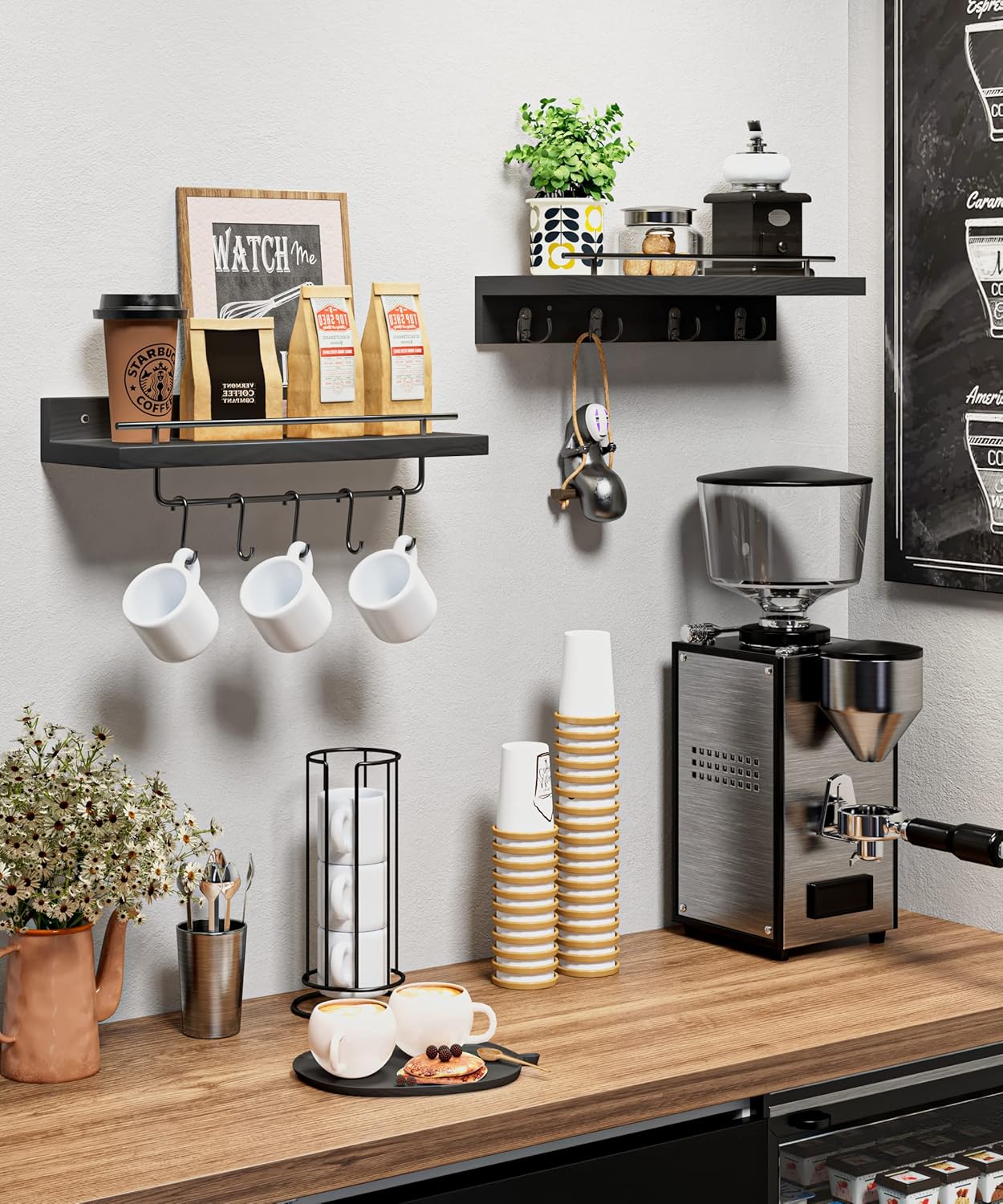 Wood Floating Shelves with 9 Hooks Black Set of 2