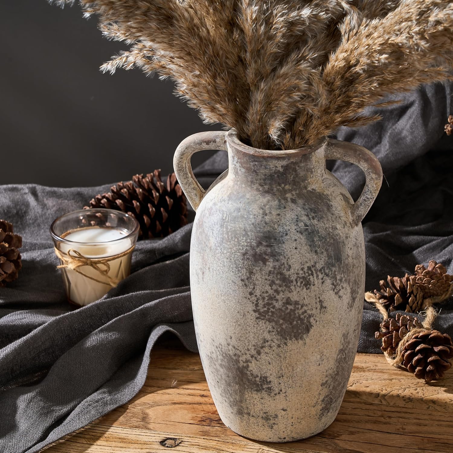 PORCER 984 Inch Ceramic Terracotta Vase with Handles - Gray