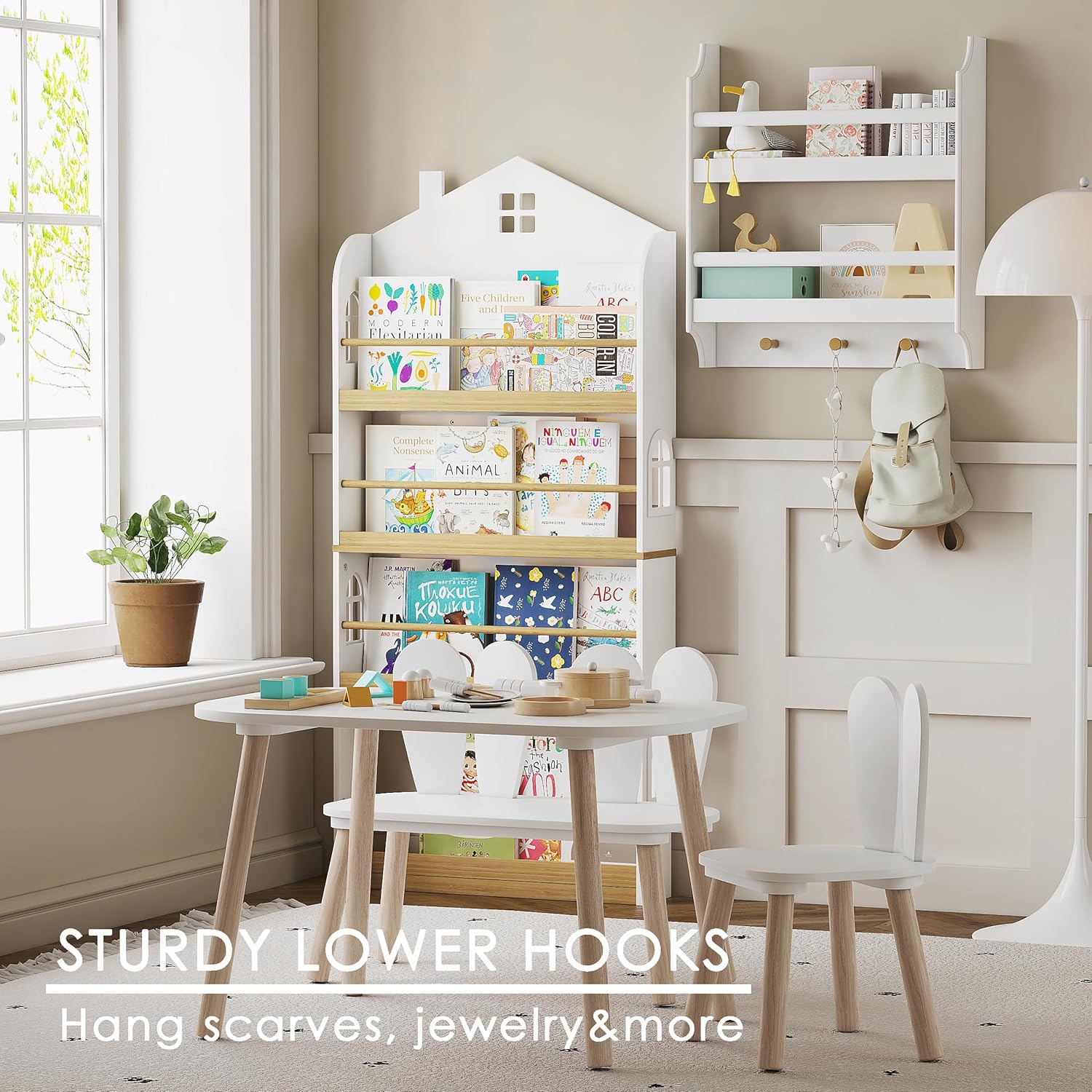 UTEX Floating Book Shelves with Hooks 2-Tier Wall Mounted Storage