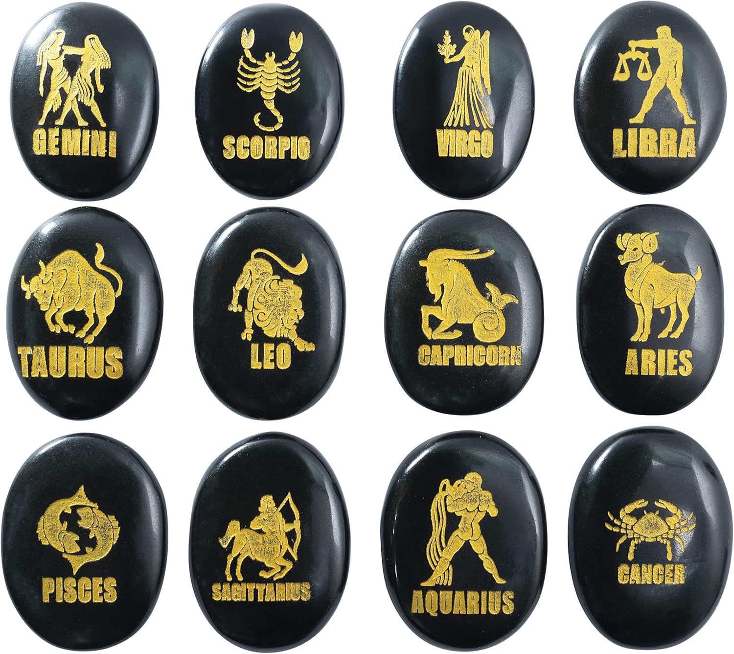ZAICUS Black Agate Zodiac Symbols Stones Set of 12 for Reiki Healing